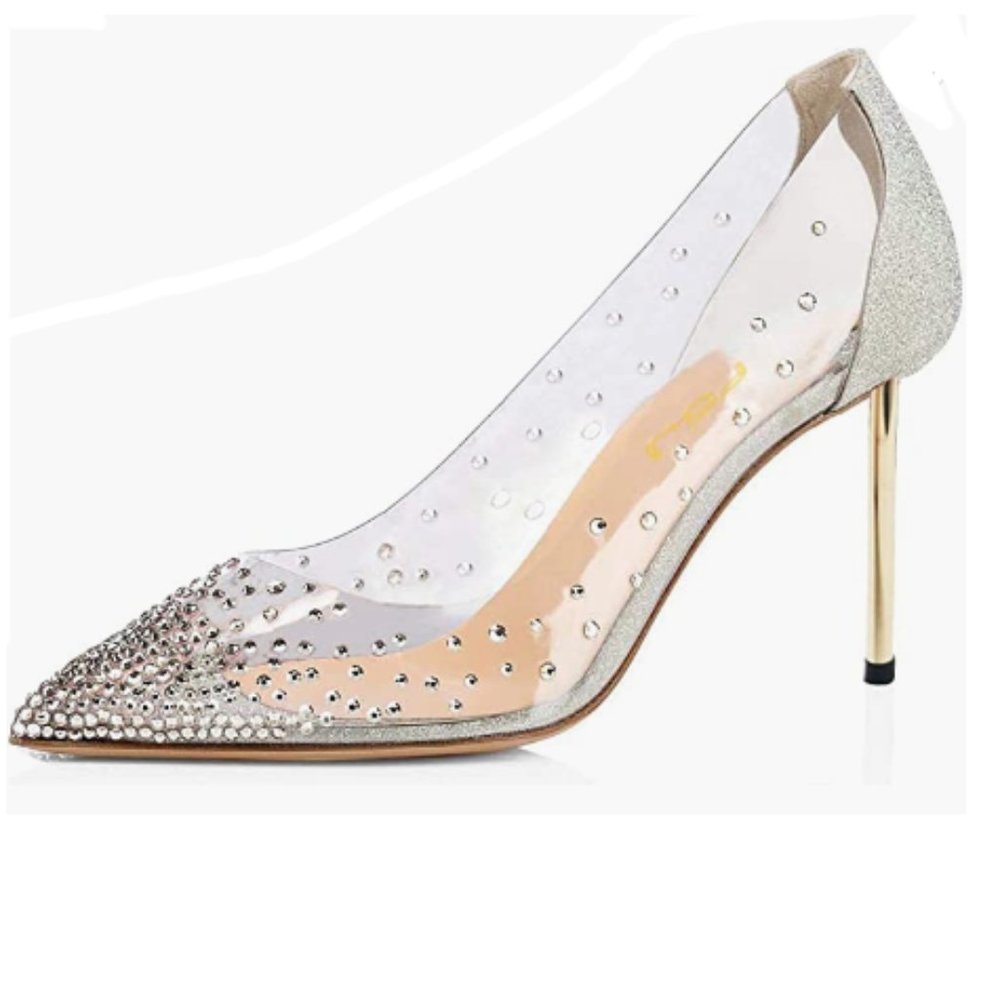 💖FSJ, POINTED TOE STILETTO HEELS, "GLASS SLIPPERS" , rhinestone studded, sz. 10